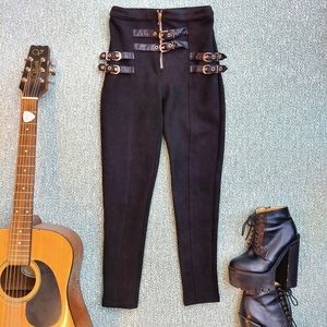 Belted Goth Style Skinny Faux Suede Pants